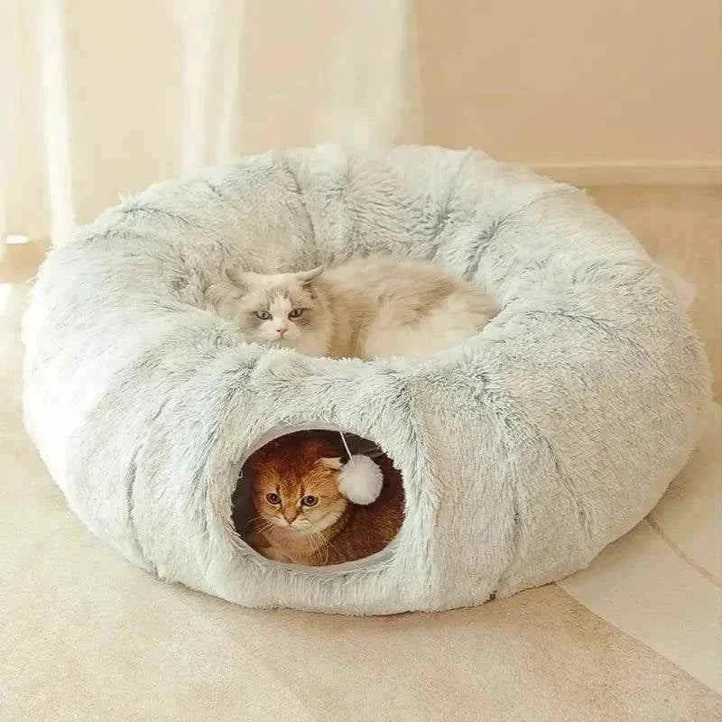 2 In 1 Round Tunnel cat bed with soft plush material featuring cozy resting area on top and playful tunnel with toy for cats
