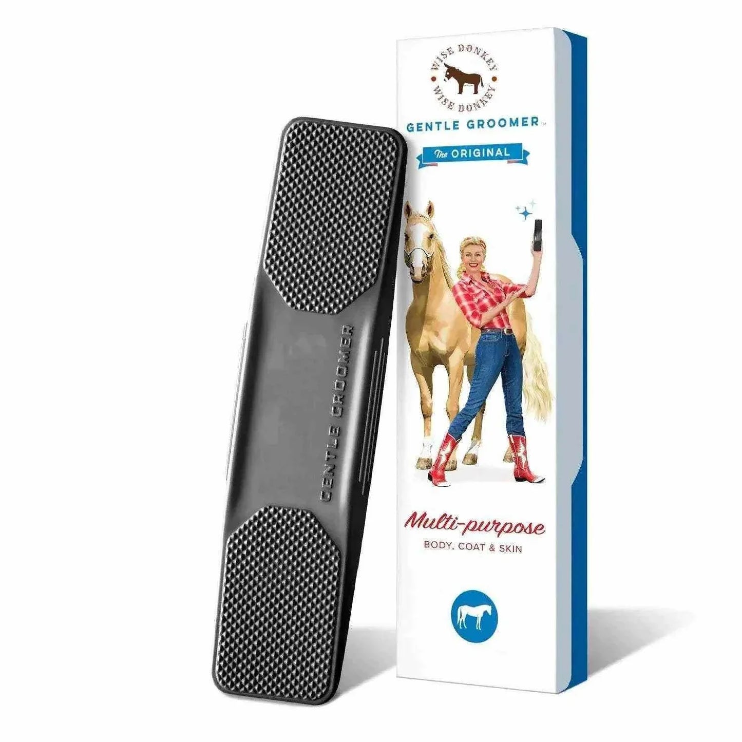 Pet Gentle Groomer brush with soft bristles next to packaging featuring a person and horse illustration, designed for gentle pet grooming and shedding control