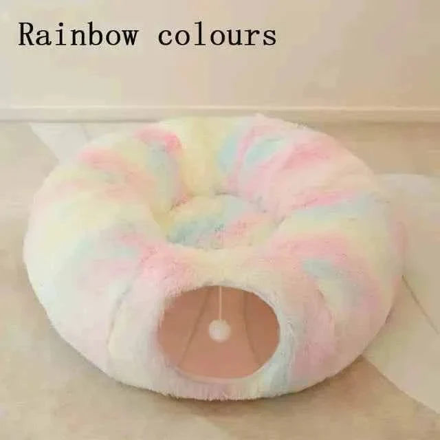 2 In 1 Round Tunnel cat bed in soft rainbow colors with tunnel opening and plush design for cozy rest and play