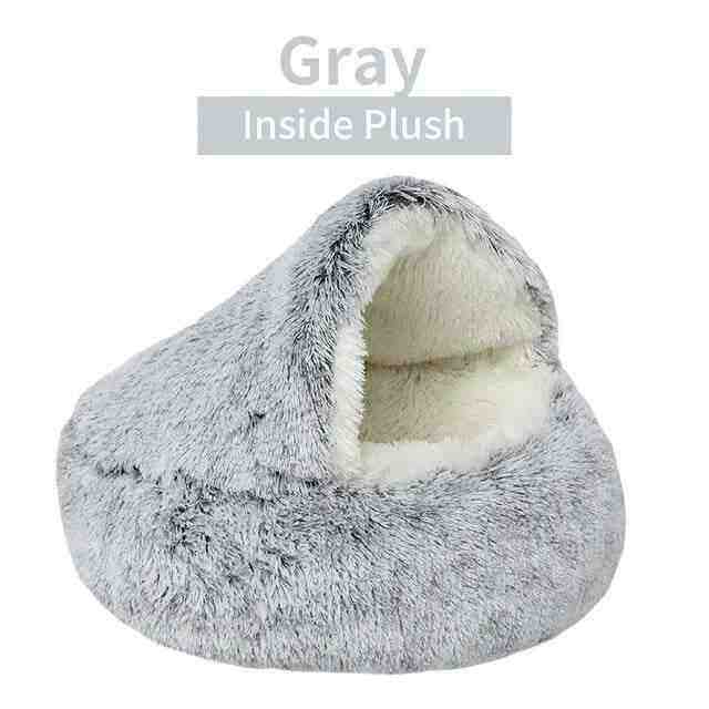 Gray soft plush pet bed with raised edges and cozy inside plush lining for burrowing pets