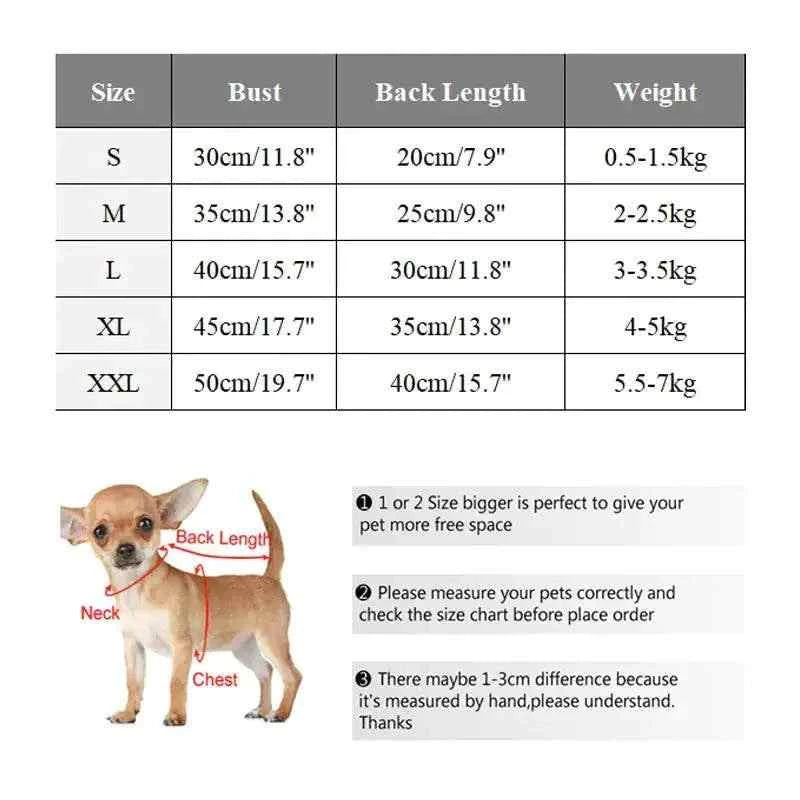 Size chart for Plush Winter for Dogs coat showing bust, back length, and weight with measurement guide on a small dog illustration