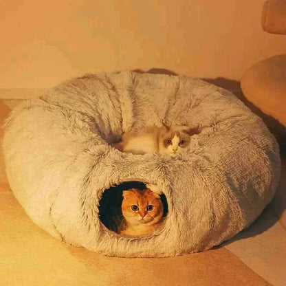 2 in 1 round tunnel cat bed with soft plush surface and cozy hiding tunnel for cats