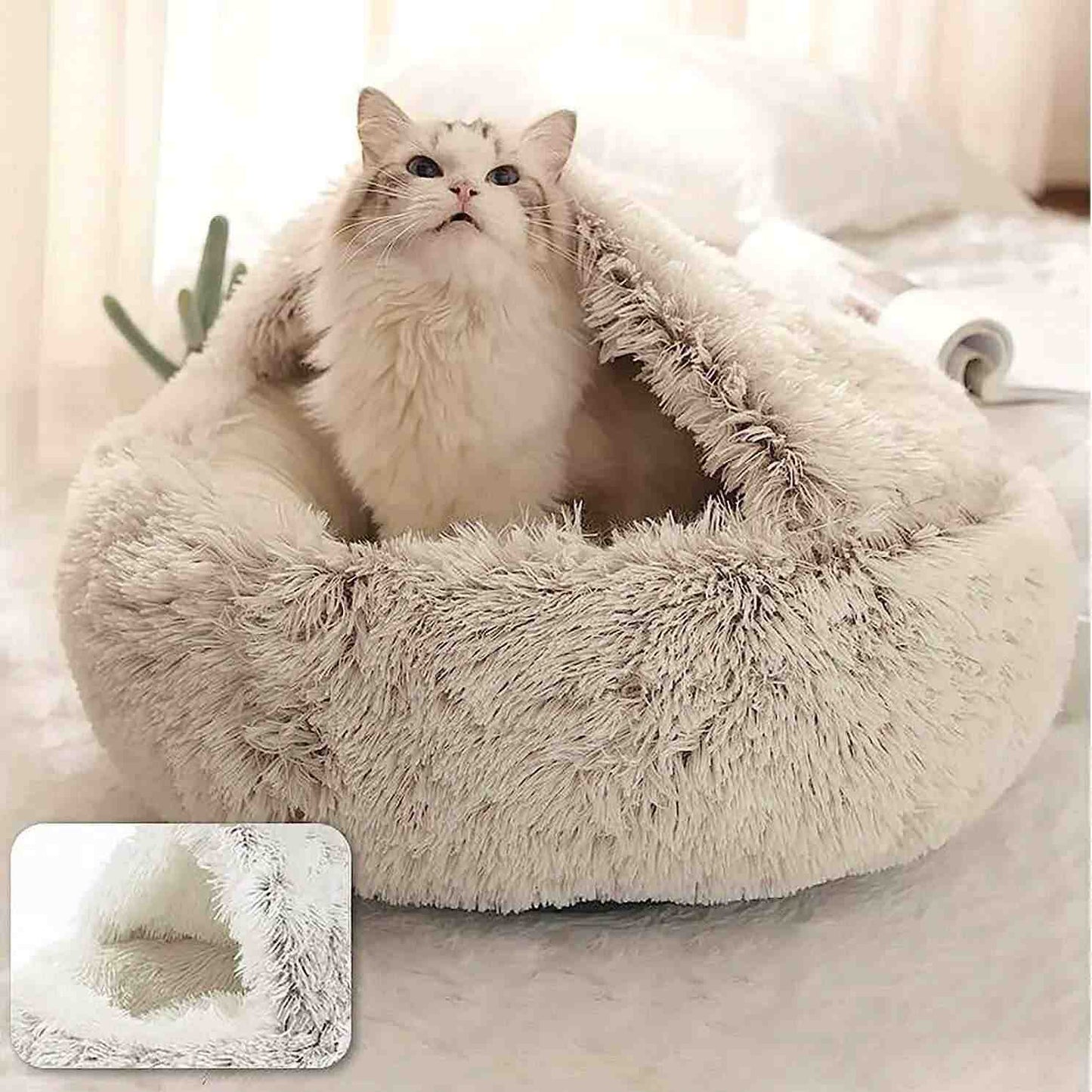 Cat resting in a soft plush pet bed with raised edges and ultra-plush fabric for comfort and security