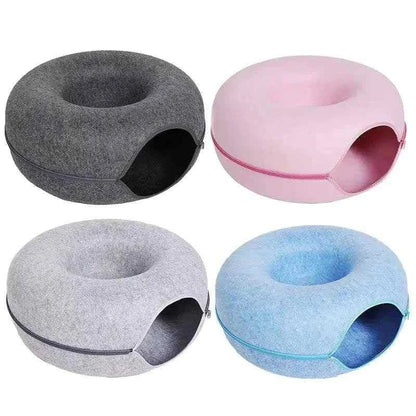 Set of four felt cat donut beds in gray, pink, light gray, and blue with zipper design for easy cleaning and cozy tunnel shape for cats.