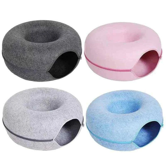 Set of four felt cat donut beds in gray, pink, light gray, and blue with zipper design for easy cleaning and cozy tunnel shape for cats.