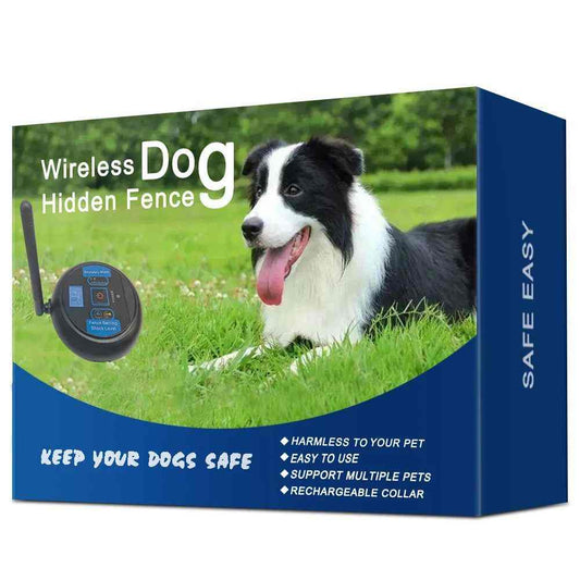 SafePet Wireless Fence box with a black and white dog on grass showing invisible wireless pet boundary system