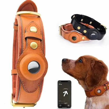 Leather Anti-Lost Dog Collar with durable brown leather, secure buckle, contact info tag, and smartphone tracking display on dog
