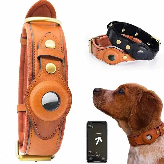 Leather Anti-Lost Dog Collar with durable brown leather, secure buckle, contact info tag, and smartphone tracking display on dog