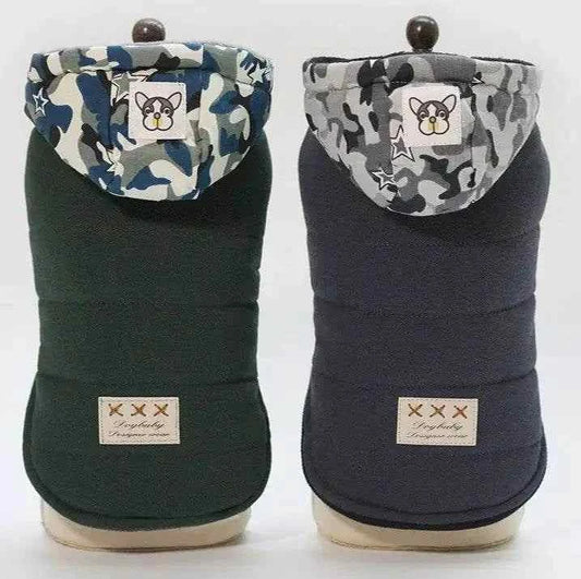 Adjustable water-resistant coat for dogs in green and navy with camo hood designs