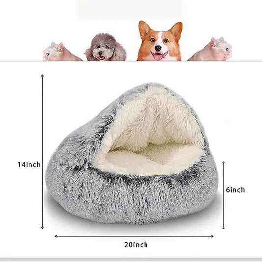 Soft plush pet bed with ultra-plush fabric, raised edges, cozy burrow design, and machine washable material, 20x14x6 inches