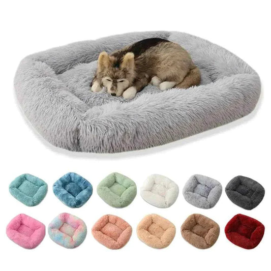 Plush pet bed with ultra-soft material and non-slip bottom in multiple colors, featuring a small dog sleeping comfortably