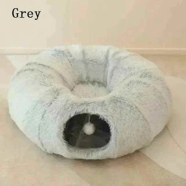 Grey 2 in 1 round tunnel cat bed with soft plush material and built-in toy ball for playful hiding and cozy resting