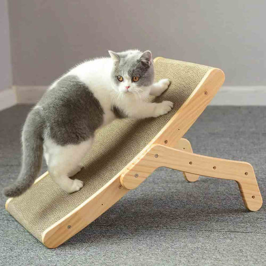 Cat scratching a durable wooden cat scratch board with textured surface designed for claw maintenance and home decor integration
