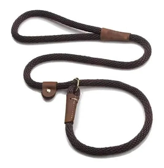 Adjustable slip lead leash made of durable braided rope with leather accents for dog training and walking