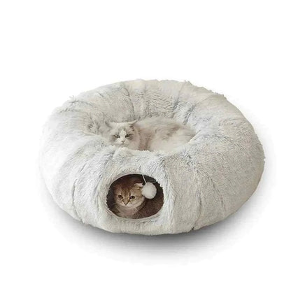 2 in 1 round tunnel cat bed with soft plush fabric featuring a cozy resting area and playful tunnel for cats