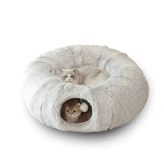 2 in 1 round tunnel cat bed with soft plush fabric featuring a cozy resting area and playful tunnel for cats
