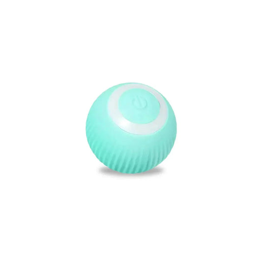 Interactive rolling ball for pets in teal color with textured surface and power button for engaging playtime