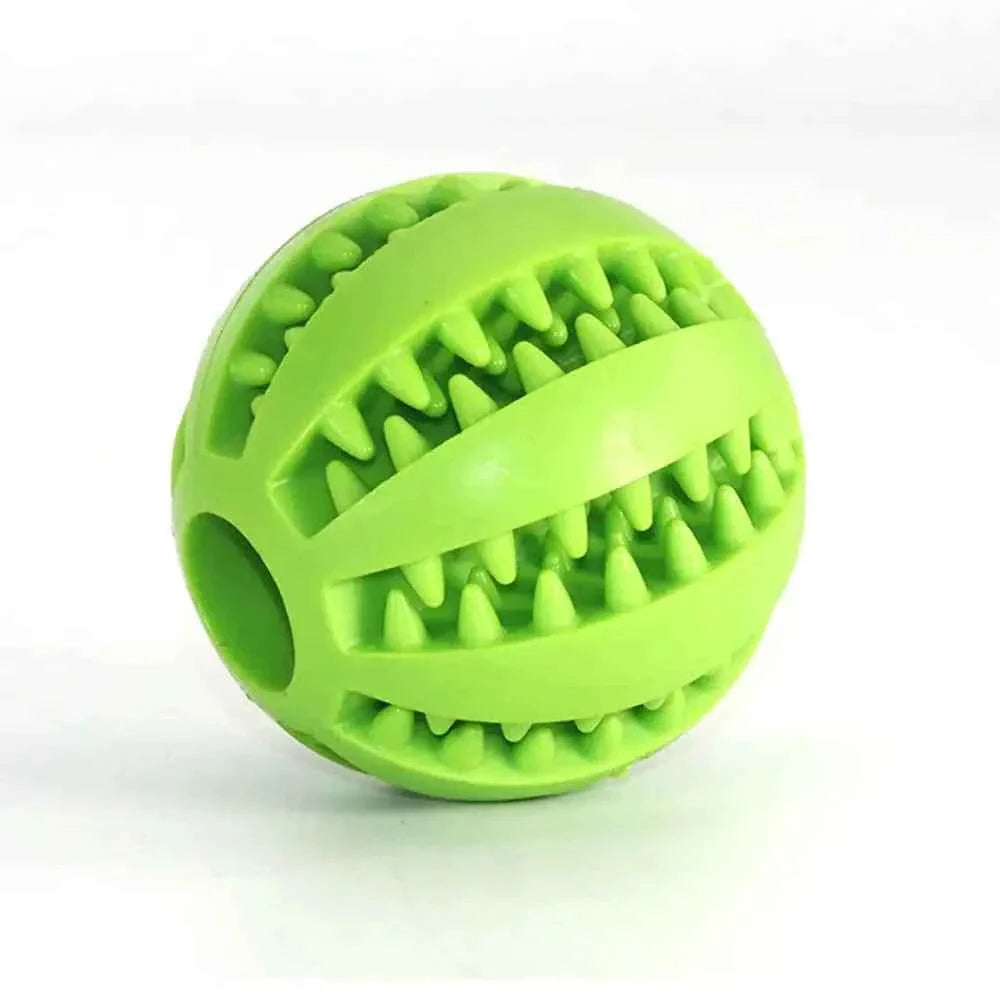 Durable green interactive toy ball with textured surface for pet play and chewing