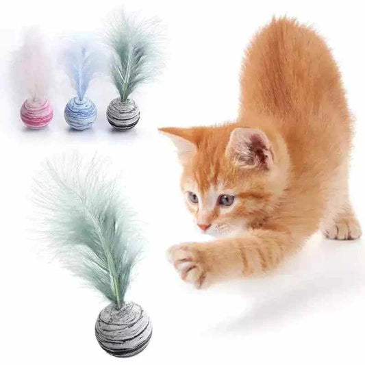 Orange kitten playing with a Cat Toy Feather Ball with natural feathers for indoor exercise and entertainment