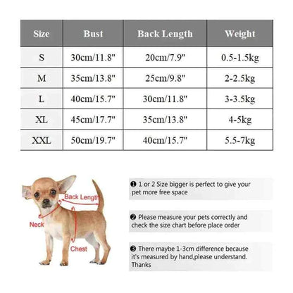 Size chart for Plush Winter for Dogs coat showing bust, back length, and weight with measurement guide on a small dog illustration