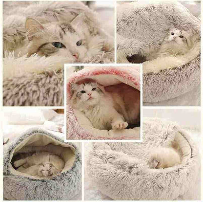 Soft plush pet bed with ultra-soft fabric and raised edges featuring a cat comfortably resting and burrowing inside
