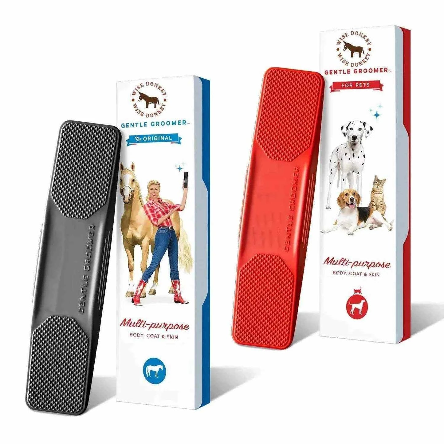 Pet Gentle Groomer brush with soft bristles for grooming pets, controlling shedding, and promoting skin comfort in black and red colors with packaging.