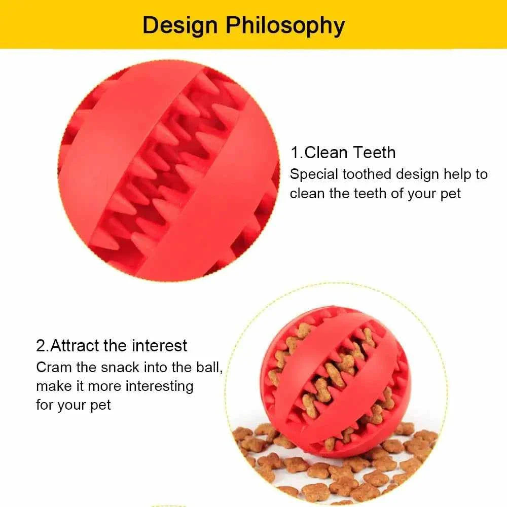 Red textured interactive toy ball for pets with special tooth cleaning design and snack compartment for engaging play.